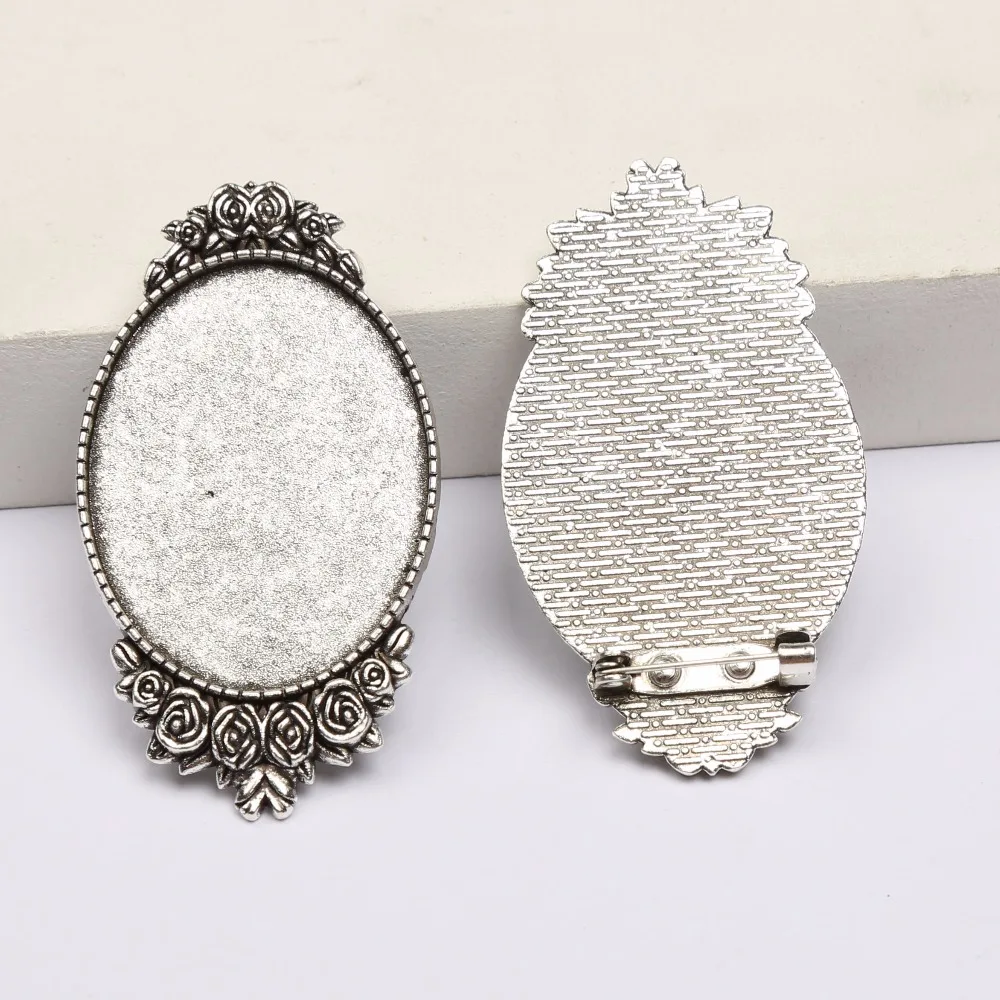 5pcs Antique Silver Metal Brooch Pin Backing Trays Fit30x40mm Oval Cabochon Base Setting Blanks