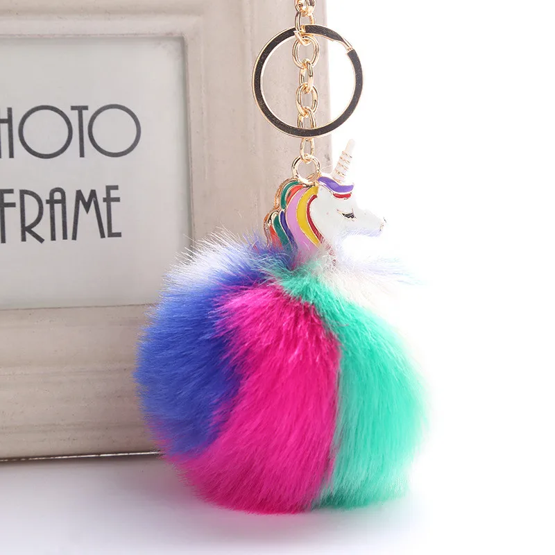 

Lovely Unicorn Keychain Fluffy Rabbit Fur Ball Key Chain Pompom Artificial Rabbit Fur Key Ring Women Car Bag Pendant trinket