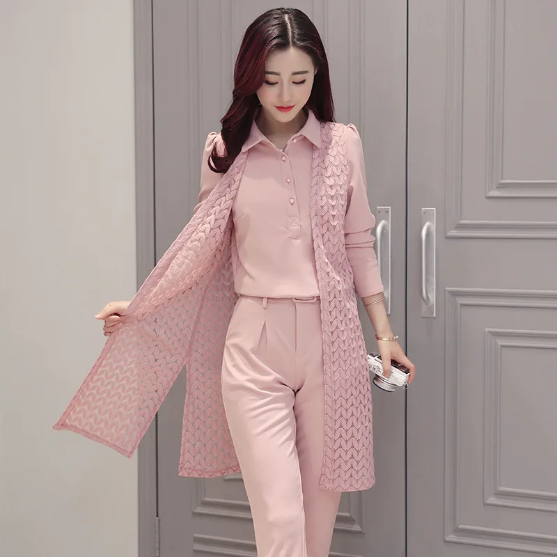 Nouveau Manches Mousseline 4 Pantalon Revers Couleur Solide 2 À Harem Trois 1 Femmes Soie Chemise De pièce Longues 3 r1rxwY