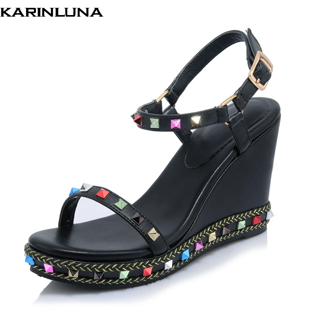 

KarinLuna 2019 Luxury Sexy Rivets Genuine Leather Sandals Women Shoes Woman Summer Wedges High Heels Leisure Sandal
