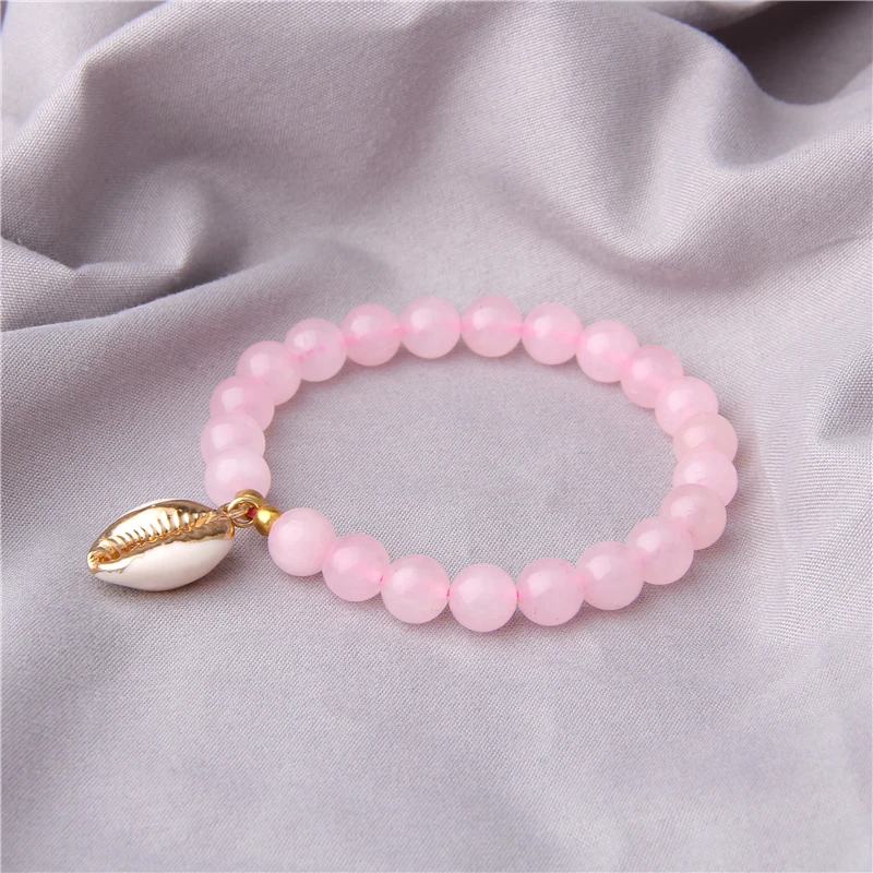 Простой розовый кристалл кварца бусины браслет для женщин дамы девушки натуральная оболочка шарм браслеты в стиле бохо ювелирные изделия Женская Дружба