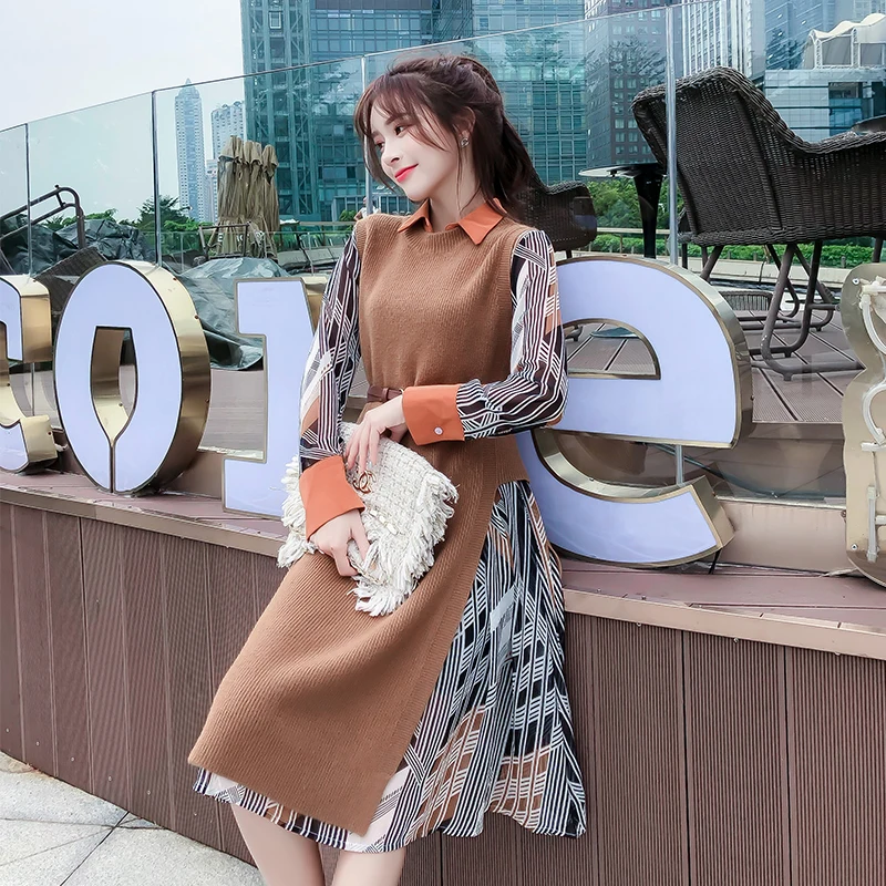 

Autumn And Winter 2019 Sweater Vest Two Suits Port Flavor Chic Long Sleeved Dress Sweet Knitting Cotton And Chiffon Female Dress