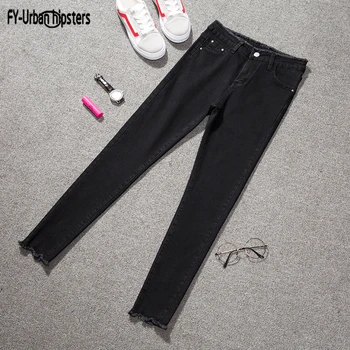 

2018 Ladies Pencil pants black thin Nine jeans tassel elastic waist women Slim jeans femme stretch jeans plus size 4XL