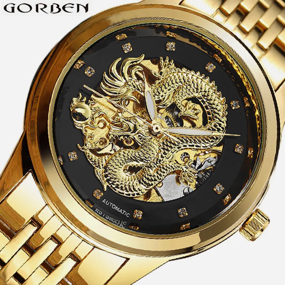 Carved Dragon Skeleton Automatic Watches Mens Gold Silver Male