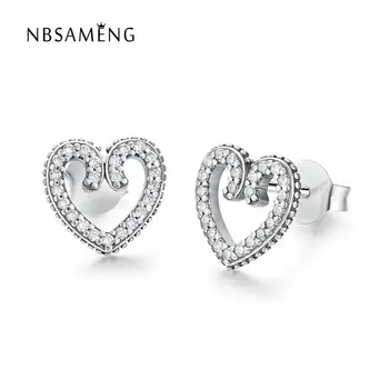 

2018 Newest Authentic 925 Sterling Silver CZ Crystal Heart Swirls Stud Earrings for Women Pan Earrings Wedding Party Jewelry