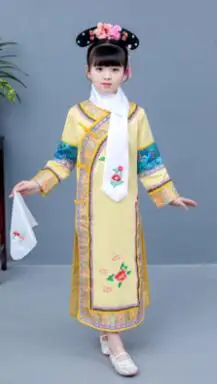 Древняя китайская суда цинской династии костюм, китайский, традиционный народного танца Детский костюм ханьфу для выступлений на сцене платье принцессы - Цвет: Оранжевый