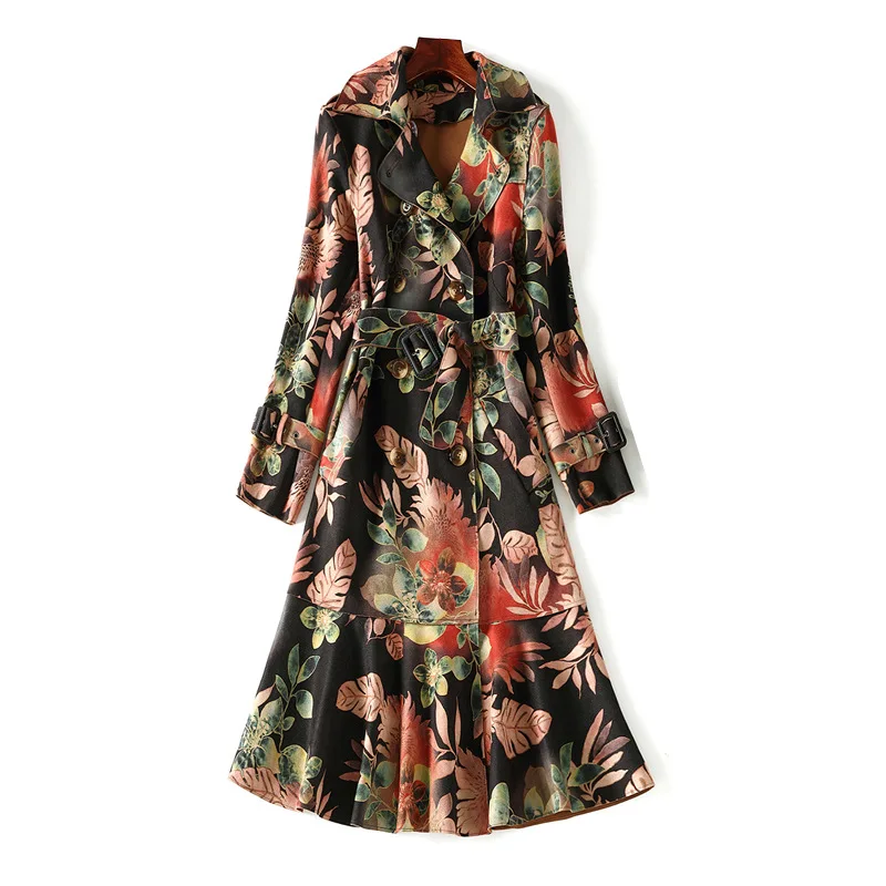 Yang Yingxing's New Spring 2019 Fashion Long Sleeve Printed Jacket with Belt Received Slender Fish Windshirt  Long Coat Women
