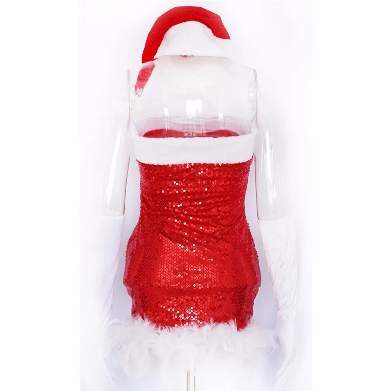 Сексуальное красное мини-платье с блестками; короткий Рождественский костюм; платье; осеннее нарядное платье Санта-Клауса с перьями; праздничная одежда для вечеринки