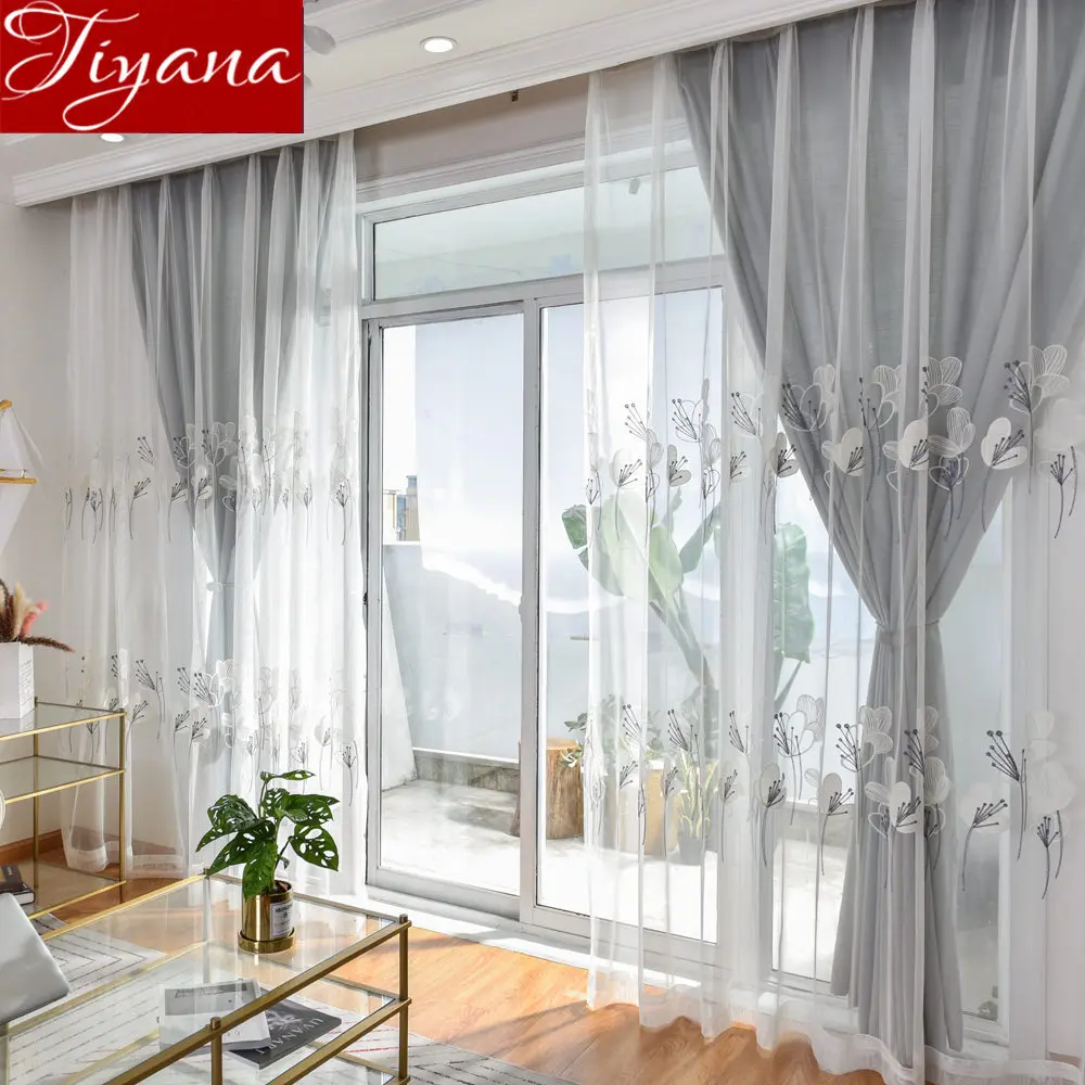 Rustic Curtains for Living Room Tulle Curtain Gray Floral Design Window Bedroom Treatment Kitchen Sheer Fabric Cortinas T&059#30