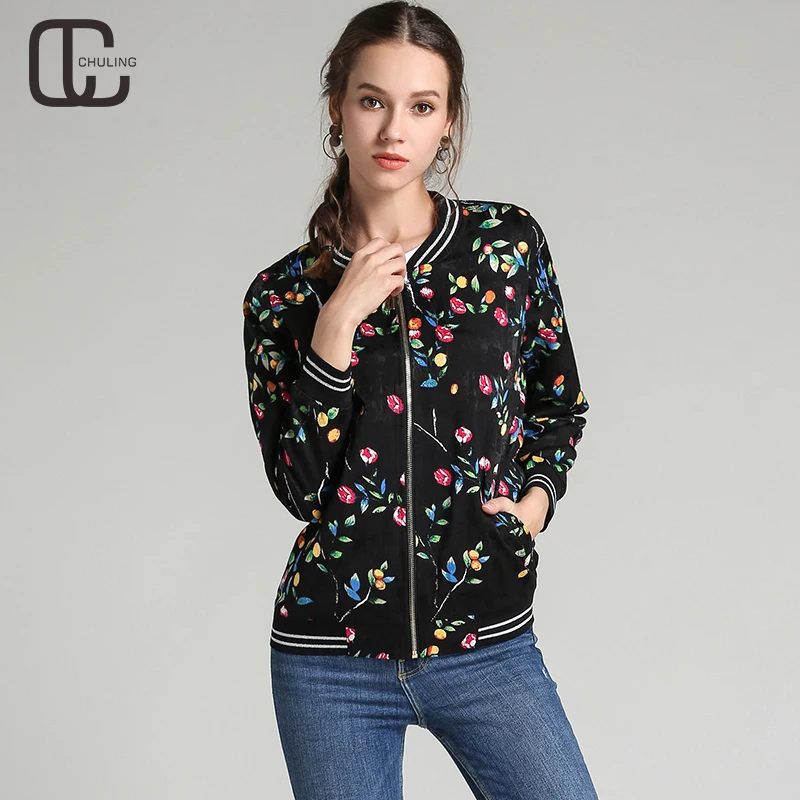 Autumn Winter Woman's Floral Print Casual Black Jacket