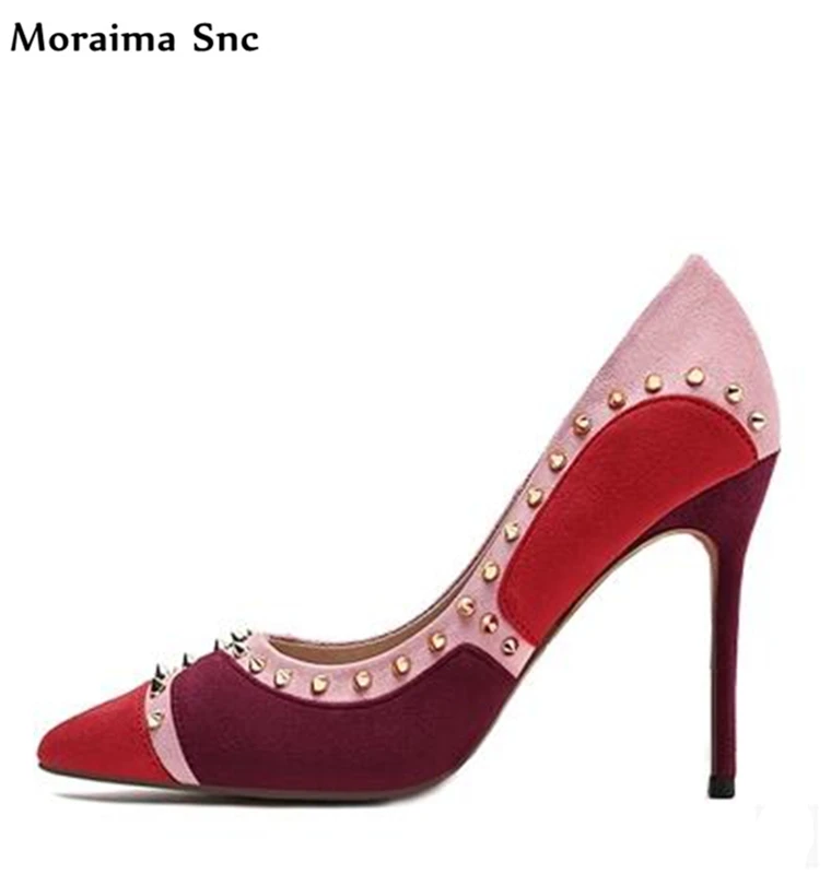 

Moraima Snc Brand spring Autumn Rivets pointed toe sexy catwalk super high heel mixed colors slip-on chic women wedding shoes