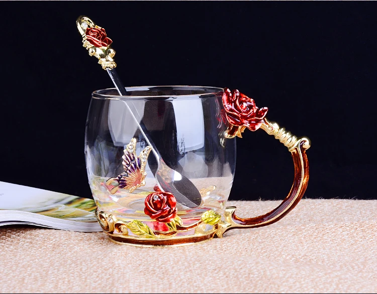 Европейские Роскошные чайные чашки с цветами Новинка винтажная эмалированная стеклянная чашка с розовым цветком ручная ручка кофейная чашка с ложкой подарки другу