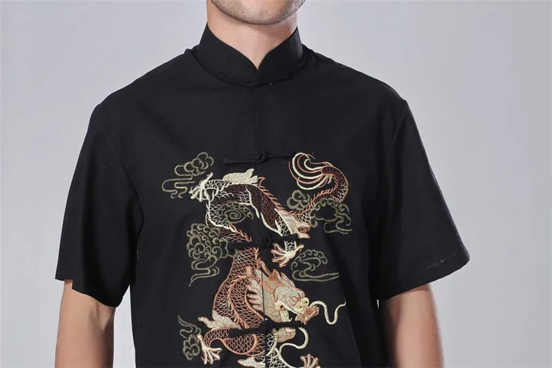 Шанхай история artes marciales Мужская льняная рубашка Традиционный китайский Дракон печати Тан Топ воротник-стойка кунг-фу Рубашка