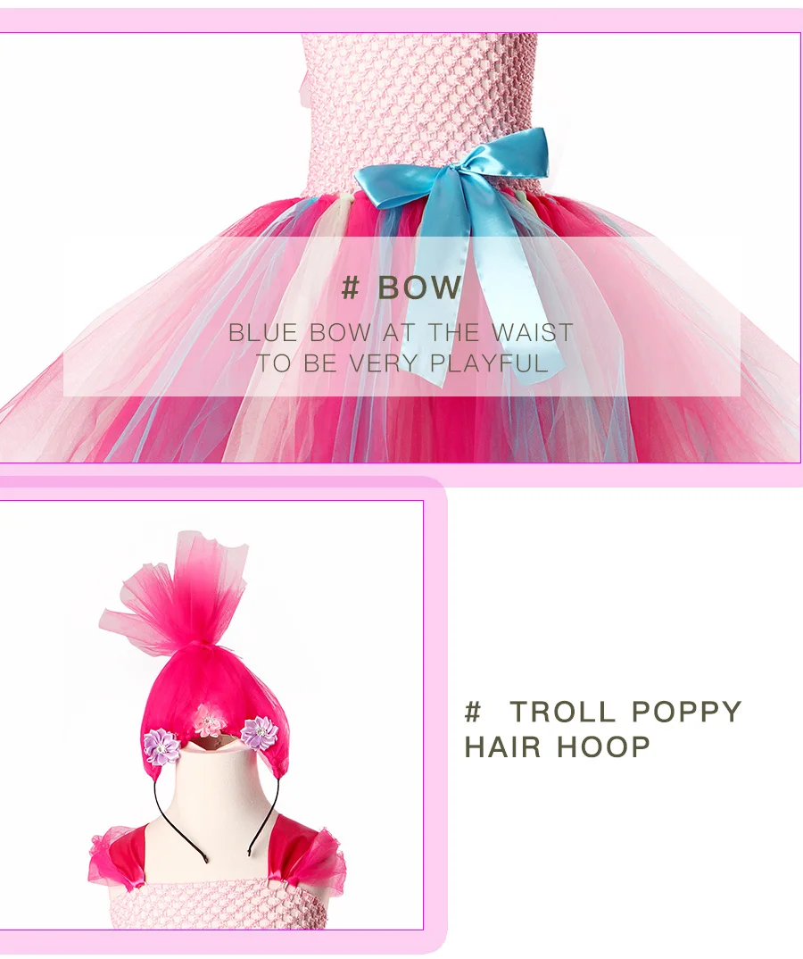 Princess Trolls Poppy Children Tutu Dress with Headband Poppy Birthday Tutu Costume Baby Girl Halloween Cartoon Tulle Dress (3)