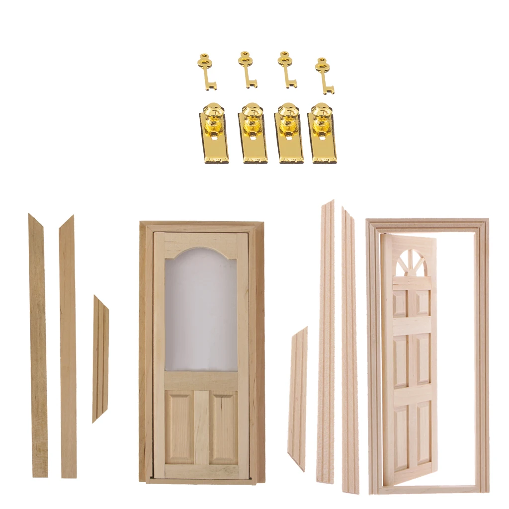 1/12 Doll House Miniatures Wooden Door Set Unpainted & Metal Door Lock With Keys