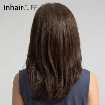 Inhair Cube Women Hair Wigs Ladies Party Daily Natural Wave Dark Brown Side Parting Synthetic Lace Wigs with Bangs Free Shipping 4