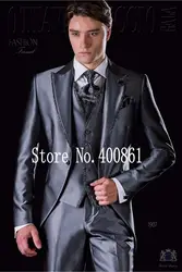 Фантастические One Button блестящий серый Жених Смокинги друзей жениха заостренный лацкан мужские костюмы пиджаки (куртка + брюки + жилет +