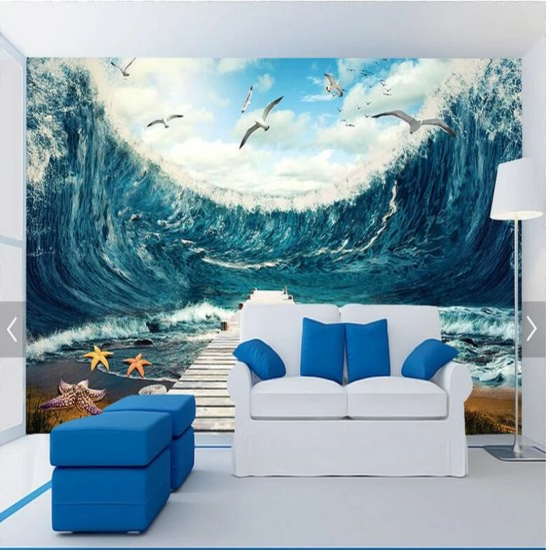 大型カスタムmural壁紙ファンタジーリビングルームテレビ背景壁紙装飾画美しい波の海 Tv Background Custom Muralmural Wallpaper Aliexpress