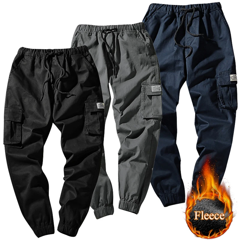 Men Hip Hop Velvet Pants Casual Warm Cotton Black Cargo Pant with Multi