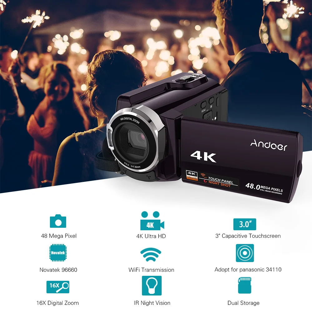 Цифровая видеокамера Andoer 4K 48 МП Wi Fi 1080P Full HD Novatek 96660 чип 3 дюйма сенсорная