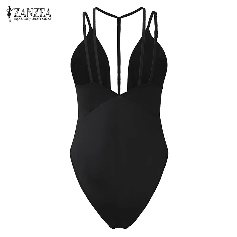 ZANZEA مثير الرسن ديب V ارتداءها النساء نحيل 2019 الجوف خارج قصيرة السروال القصير حللا Bodycon وزرة عارية الذراعين بحر