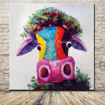 

Arthyx Handpainted Abstract Animal Oil Paintings Modern Cartoon Picture Cow Oil Painting on Canvas For Home Decoration No Framed
