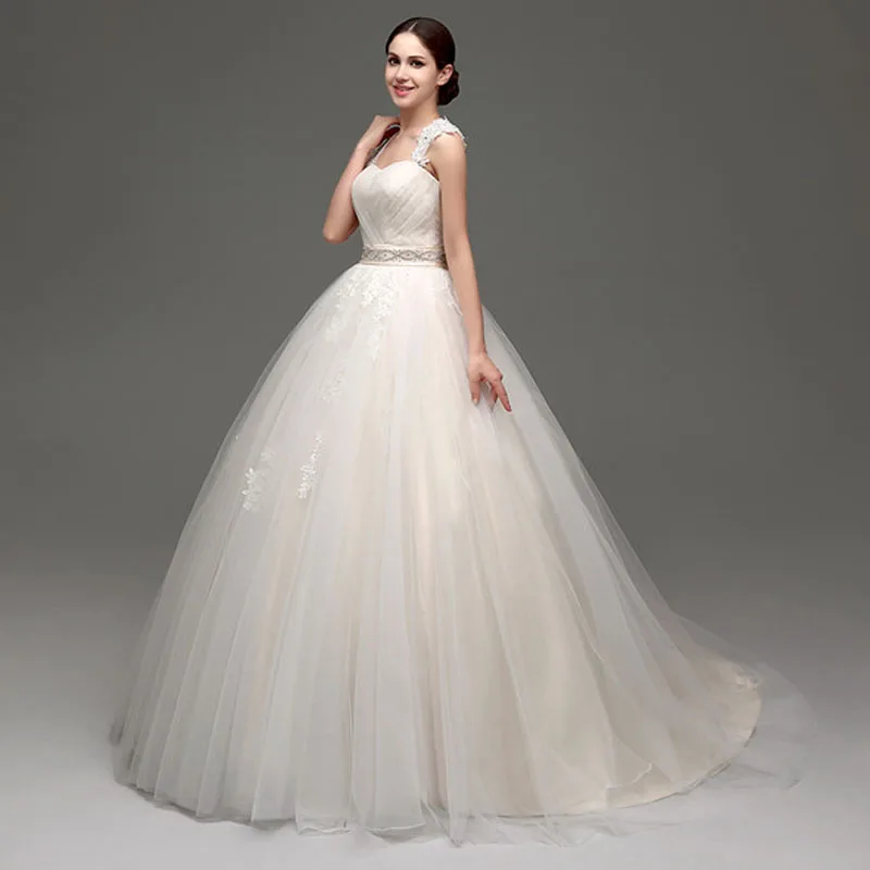 2019 бальное платье легкий кремовый цвет свадебное платье длиной до пола Тюль с кружевной аппликацией широкие кружевные ремни свадебные