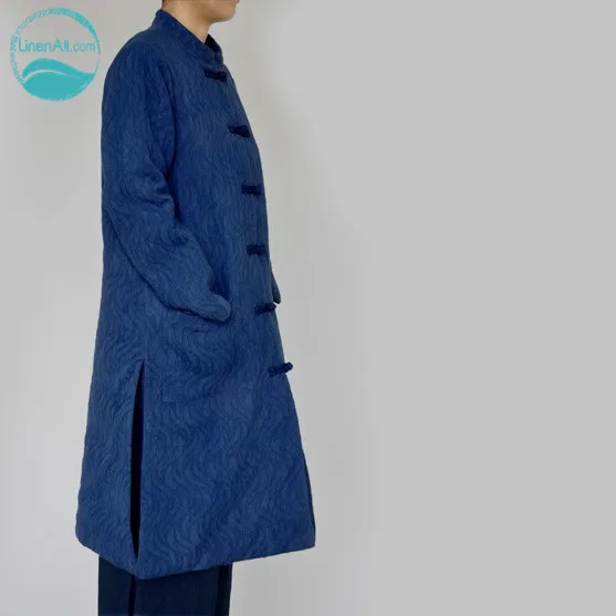 LinenAll pure natural plant dye dyed dark embossed plate Chinese Unisex winter uniforms coat parkas | Женская одежда