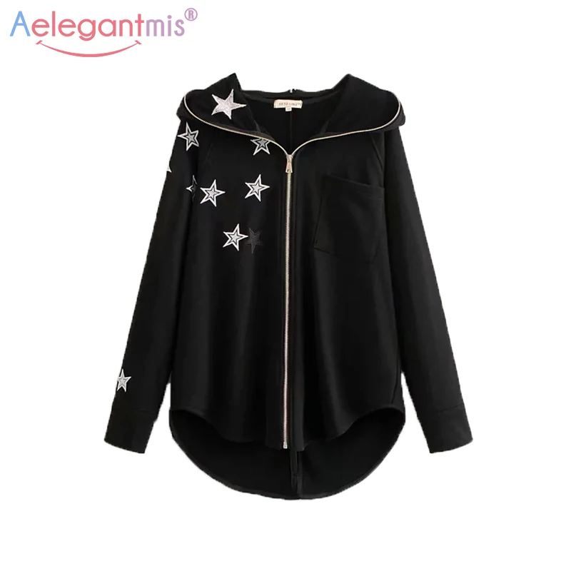 Aelegantmis Pentagram Embroidery Hooded Coat Black Women