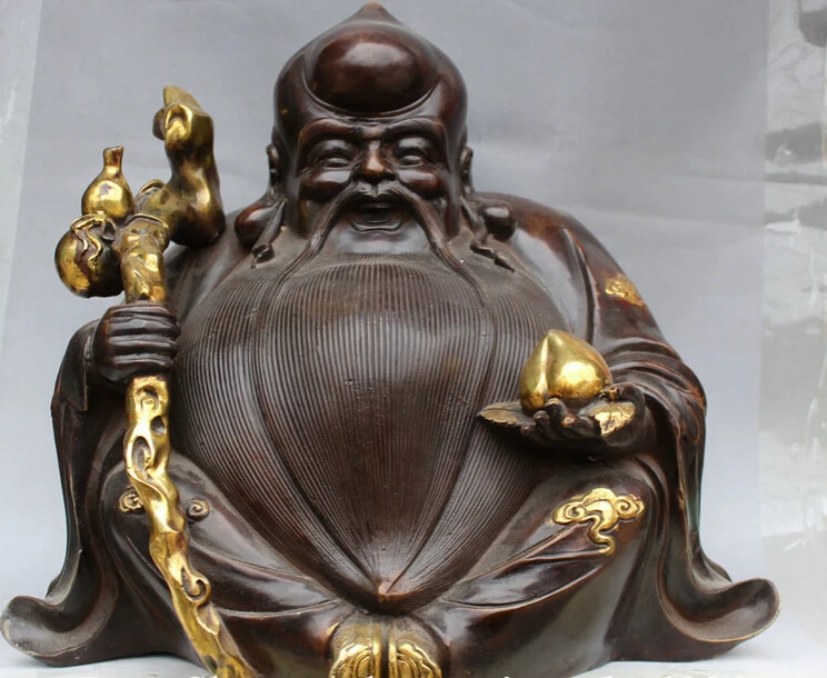 

JP S61 15" Chinese Bronze Gild Seat peach crutch cucurbit Shou god longevity Statue
