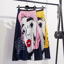 Summer Autumn European Style Print Cartoon Pattern High Elastic Pleated High Street Midi Women Skirts Party Christmas Skirt