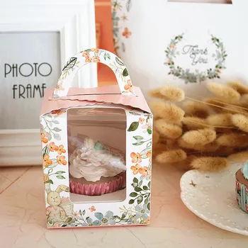 

Flower Cupcake boxes with window with handle macaroon box/muffin box 100pcs/lot