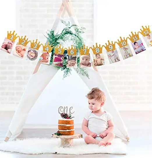 12 месяцы фоторамка баннер первые счастливые Декор ко дню рождения 1st Baby Shower для мальчиков и корона для девочек баннер с блестками вечерние поставки; Цвет: розовый, золотистый