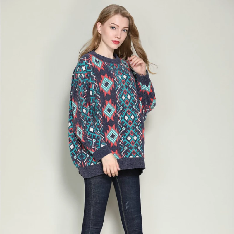 Loose Print Lurex Autumn Winter Sweater Women Long Sleeve Pullover Women Basic Sweaters Women 2018 Europe Style Knit Tops Femme