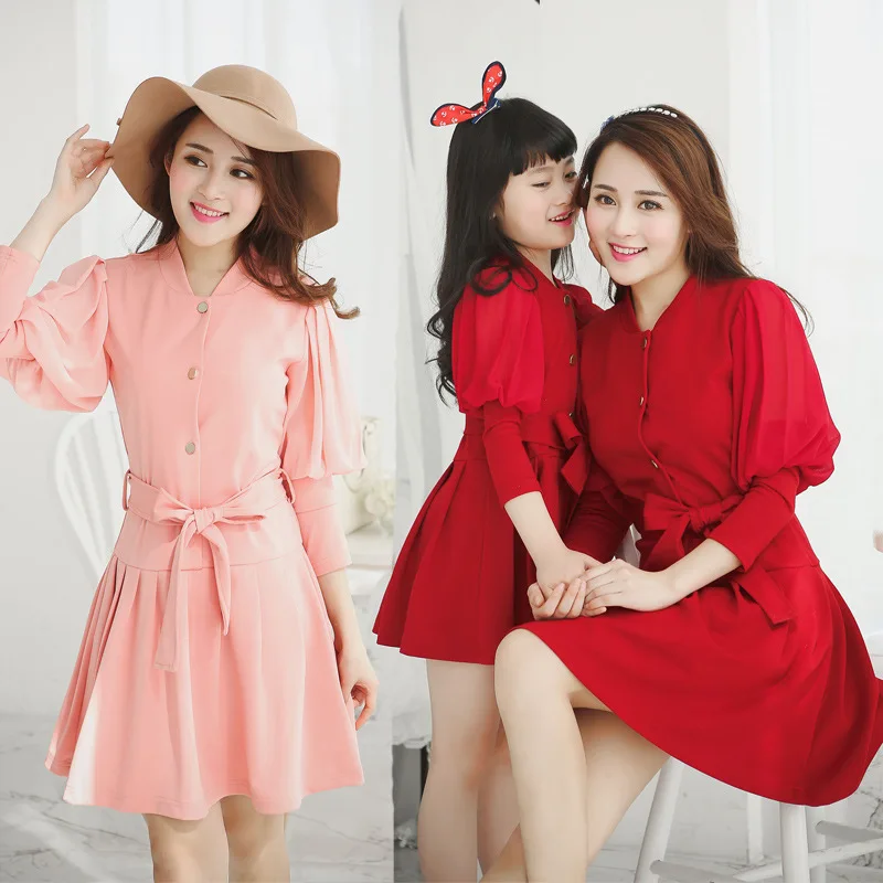 

2015 autumn women vintage dress girls party dress knitted matching mother daughter dresses clothes family look clothing