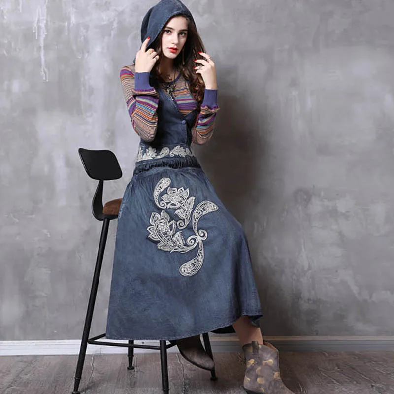 

Free Shipping 2018 Fashion Vintage Women Long Mid-calf Sleeveless Embroidery Denim Cotton S-L Dresses High Quality Hooded Dress