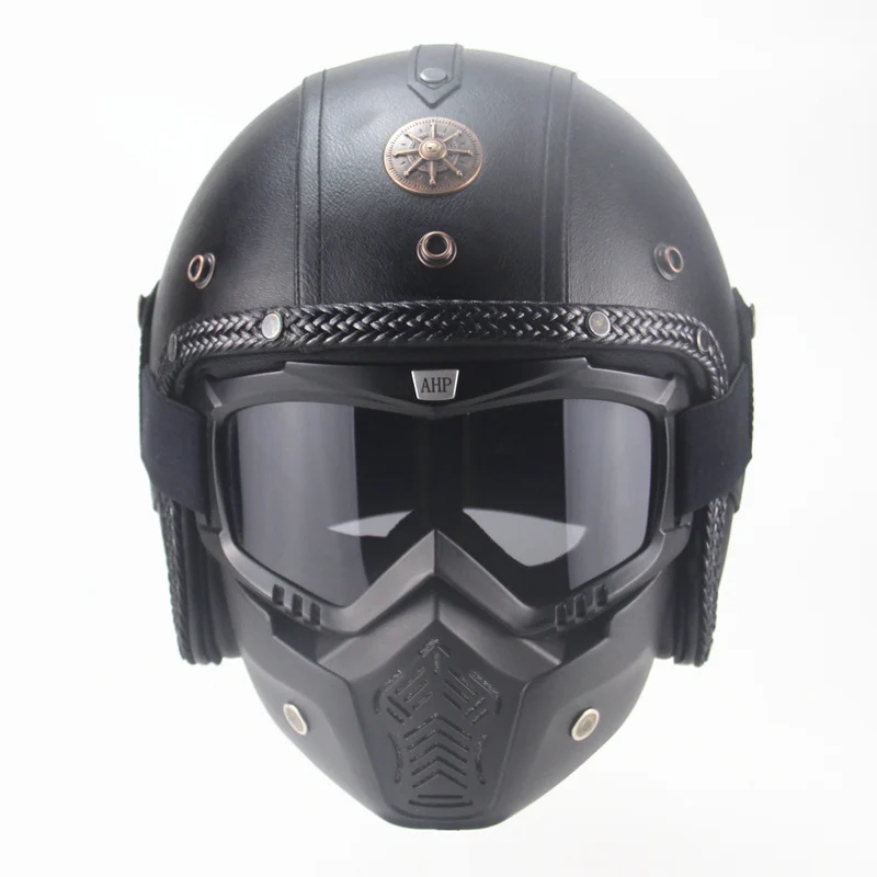 Шлемы из искусственной кожи 3/4 мотоциклетный шлем Чоппер для велосипеда винтажный мотоциклетный шлем с маской - Цвет: Classic black BZ 1