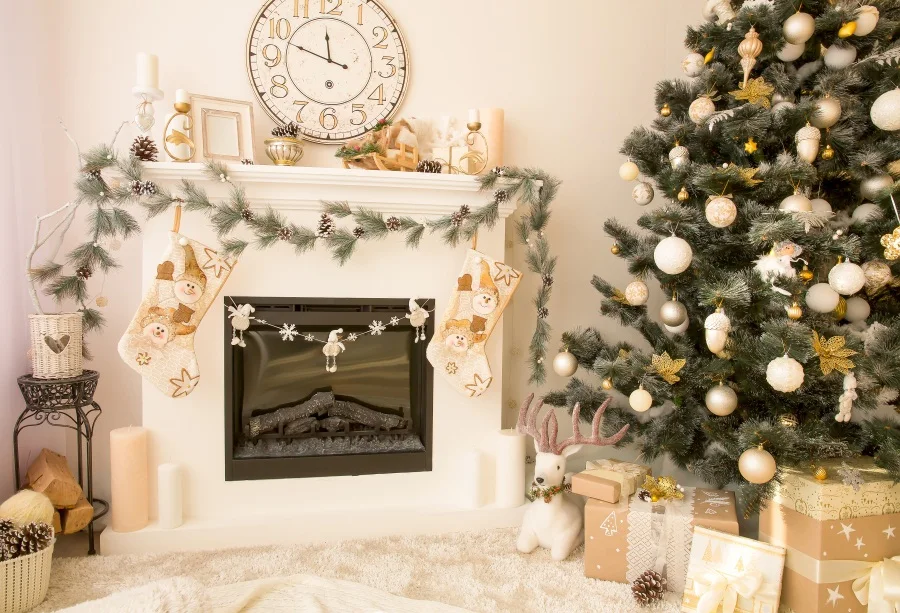 

Laeacco Photo Backdrops Christmas Tree Fireplace Wreath Bauble Gift Sock Candle Carpet Photo Backgrounds Photocall Photo Studio