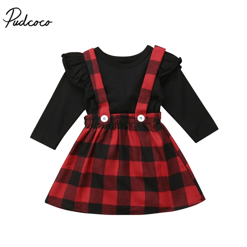 

Toddler Baby Girls Clothes Cotton Ruffles Long Sleeve T-Shirt Tops+Checked Overalls Skirts 2Pcs Princess Party Outfits 0-4T