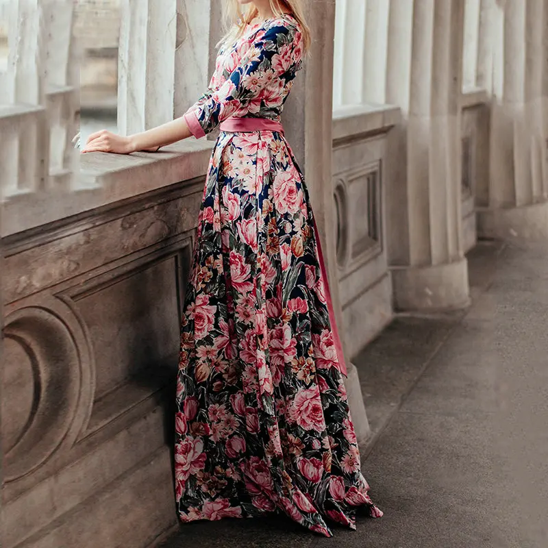 S-FLAVOR-Bohemian-printing-long-dress-O-neck-three-quarter-sleeve-big-hem-women-spring-summer (1)