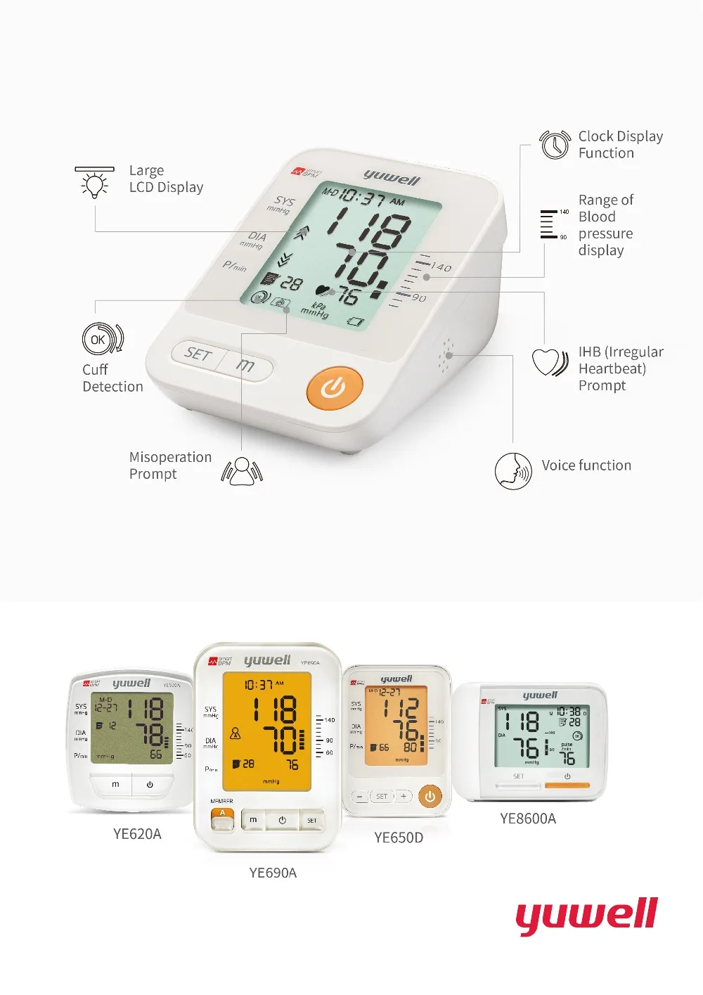 YUWELL Ye-670D рука Монитор артериального давления автоматический цифровой lcd оборудование сфигмоманометрическая манжета измеритель кровяного