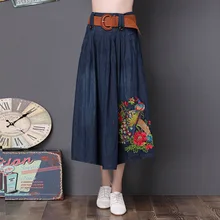 Большой размер Женская Вышивка длинная джинсовая юбка высокая талия юбка большая вышитая Женская плиссированная юбка