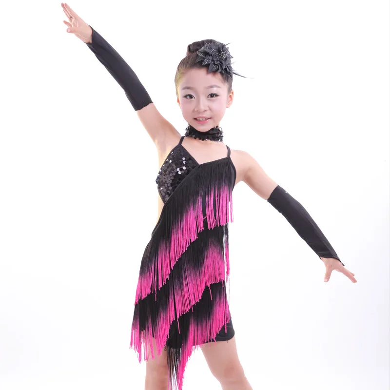 

90-140cm Girl Kids Sequined Tassels Fringe Ballroom Latin Salsa Rumba Samba Chacha Dance Dress Children Dancing Costumes Clothes