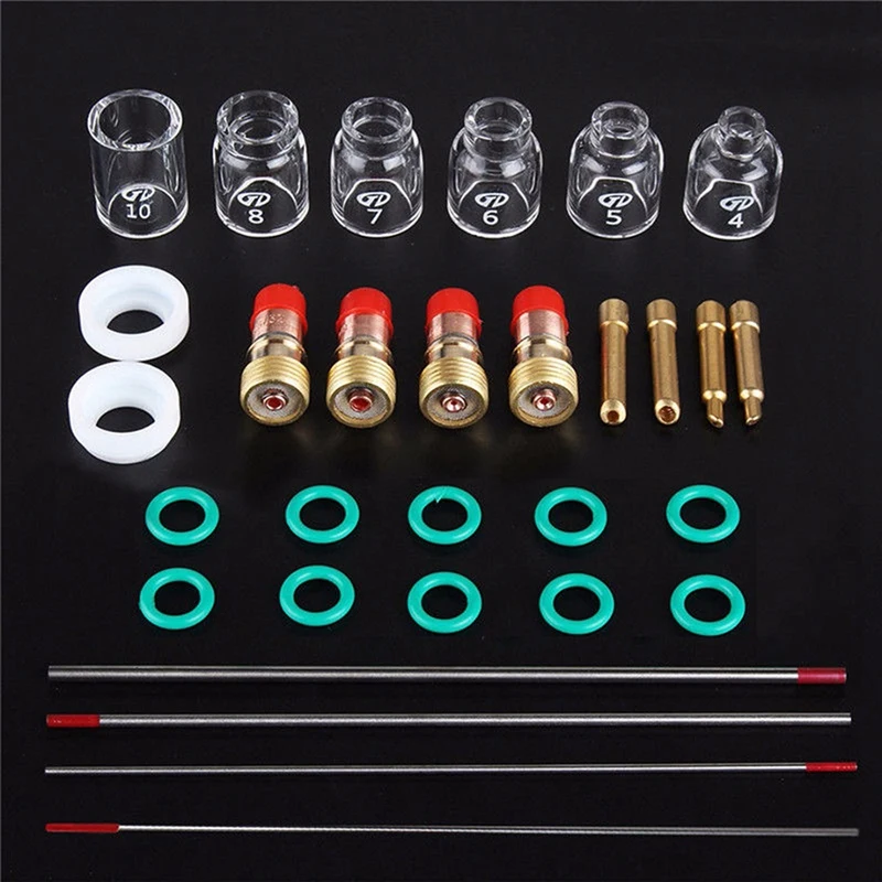 HHO-30Pcs/Lot Practical Tig Welding Kit Torch Stubby Tig Gas Len Glass Cup Tungsten Needle For Wp17/18/26 Welding Accessories