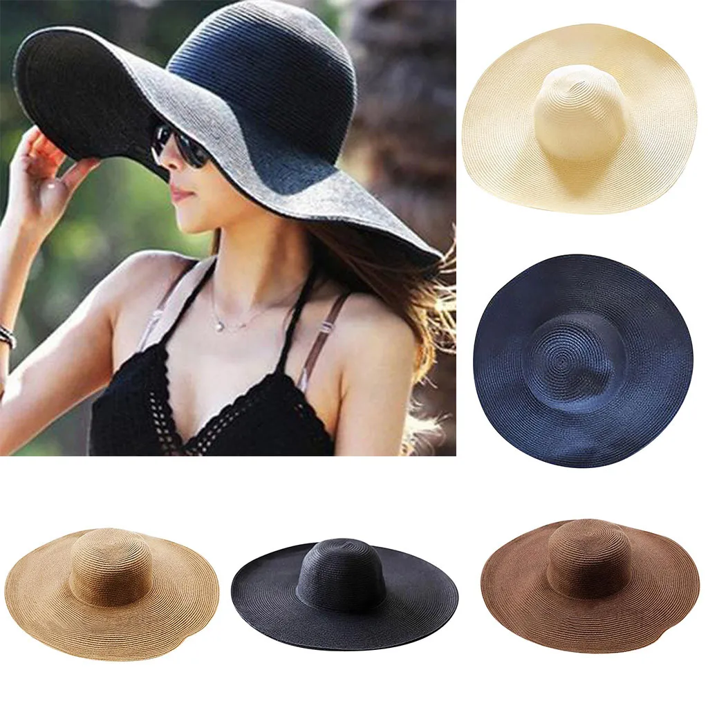 

Women beach cap Solid Color Big Brim Straw Hat Sun Floppy Wide Brim Hats Beach Cap for outdoor Chapeu Feminino #3