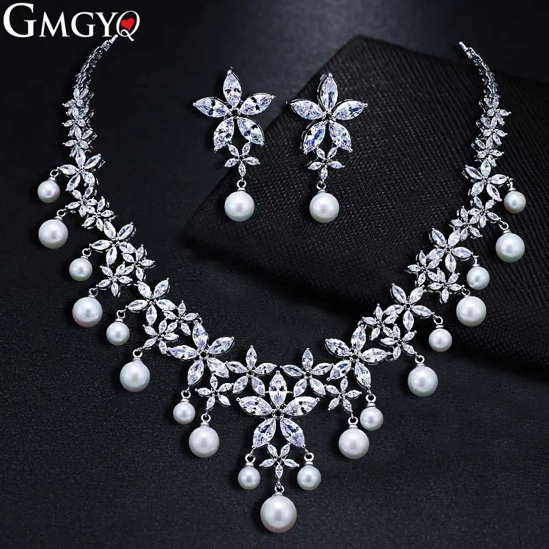 GMGYQ Trendy Imitate Pearl Jewelry Fashion Bride AAA Cubic Zircon Earrings Necklace Set Factory Wholesale Sales | Украшения и