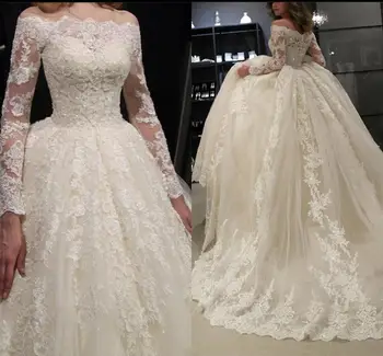 

Graceful ball gown ivory lace appliques beaded puffy long sleeve wedding dress modest princess plus size luxury wedding gowns