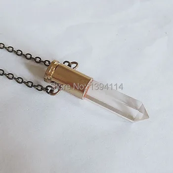 

Clear Quartz Crystal Hexagonal Pillar Point Of Gluing Bullet Shell Casing Pendants Of Double Loops Approx 40*10 mm