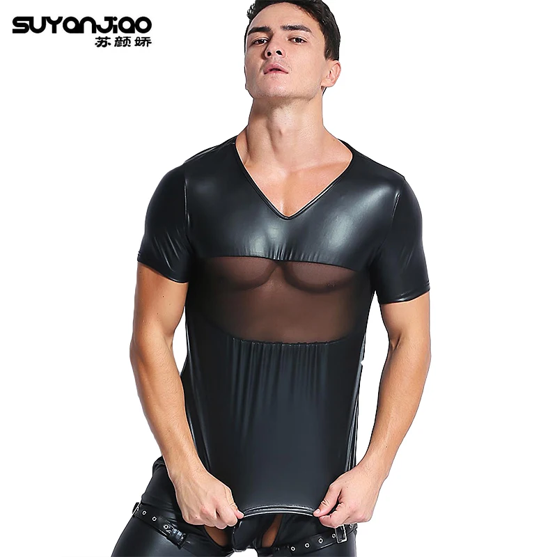 

Black Motorcycle Biker Transparent Mesh Patent Leather T Shirt Tops Tees Male Sexy Catsuit Night Cleabwear for Men 2018 Fashion