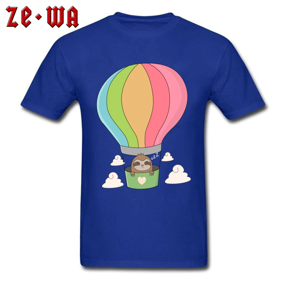 Discount Men's T Shirts O Neck Short Sleeve Pure Cotton Printed On T Shirt Casual Tops Shirts Drop Shipping Cute Sloth In Hot Air Balloon blue